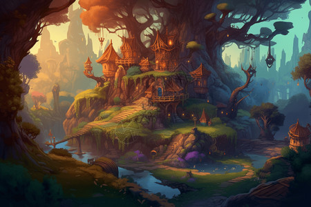 神奇森林里的房子背景图片