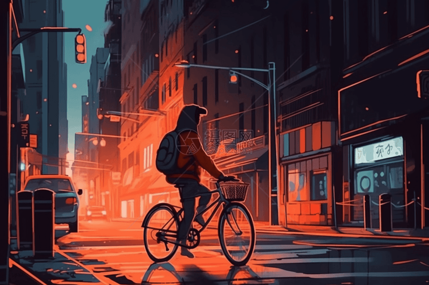 插画风城市街道上的自行车图片
