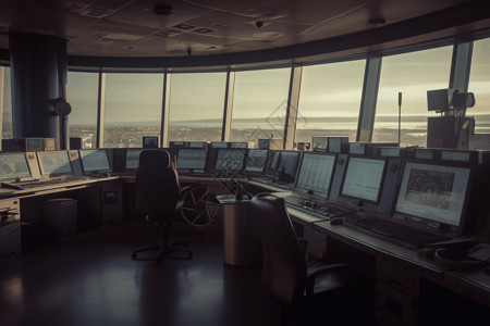 屏幕操作机场控制塔的设备插画