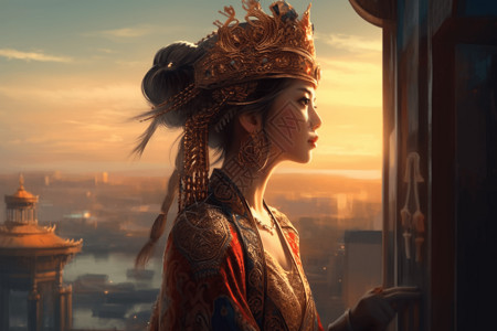 戴华丽头饰的中国公主俯瞰城市图片