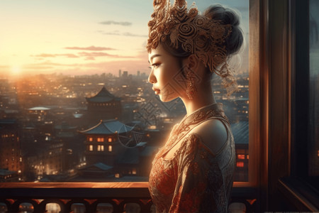 穿着华丽头饰的中国公主背景图片