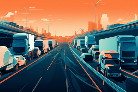 车队运输在高速公路上行驶的汽车插画