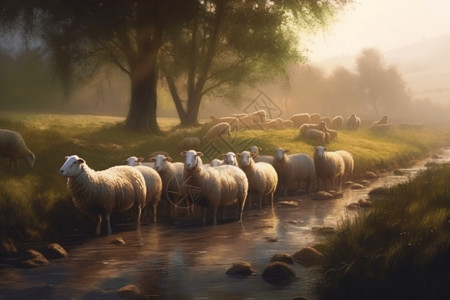 一群绵羊在河边宁静的景观绘画图图片
