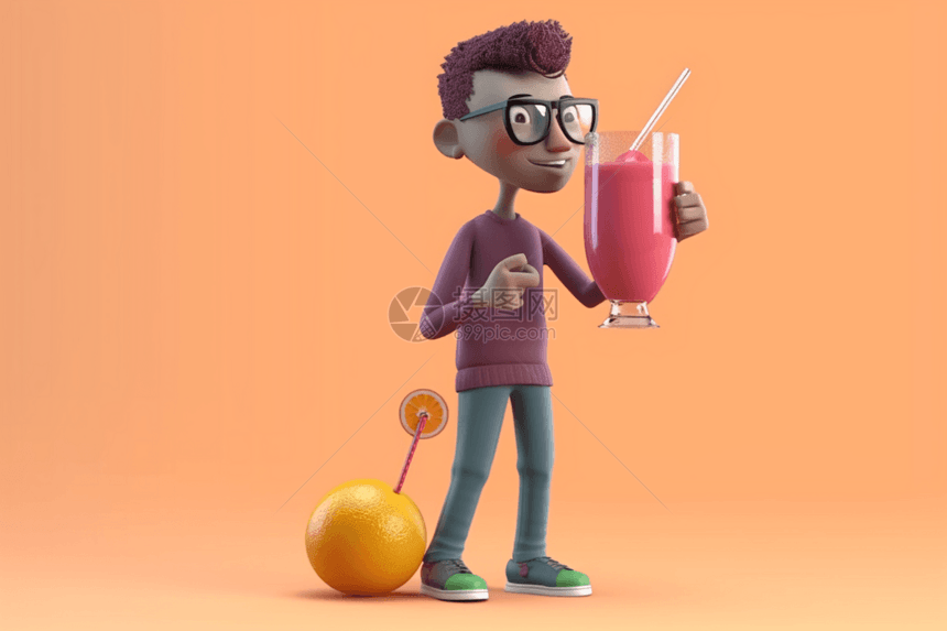 3d渲染迈克与果汁图片
