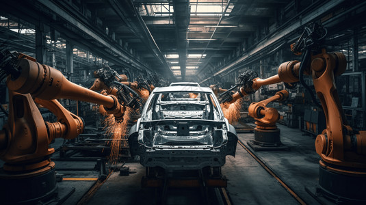 自动焊接生产线上的汽车高清图片