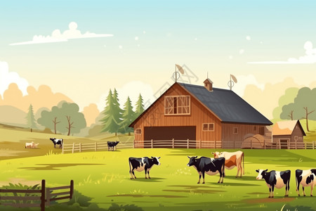 养殖业牧场里的牛群插画