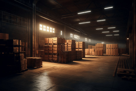 木头箱子堆放货物的工厂仓库设计图片