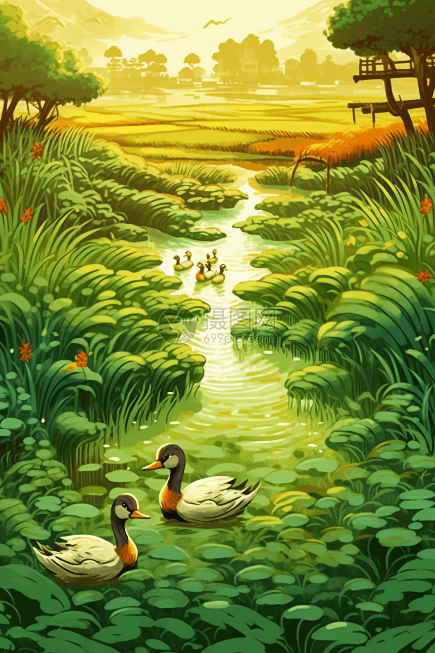 一群鸭子在绿色稻田中游泳图片