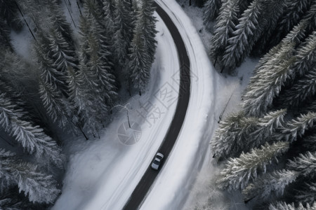 雪覆盖的森林汽车雪道上行驶设计图片