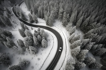 松树上的雪雪道上行驶设计图片