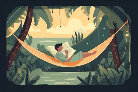 人躺在床上一个人在海边吊床上阅读插画
