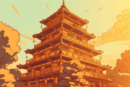蓝毗尼佛教寺庙中式中国风古楼建筑插画