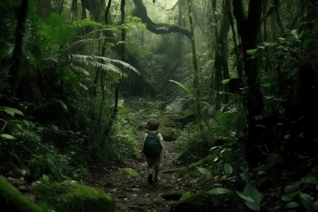 雨林探险原始森林中徒步旅行的小孩背景