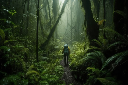 雨林中徒步旅行的人图片