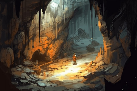 手绘探索巨大洞穴的人背景图片
