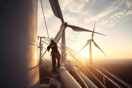 可持续性风能工人安装和维护用于发电的风力涡轮机背景
