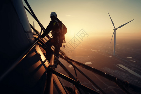 工人安装和维护用于发电的风力涡轮机高清图片