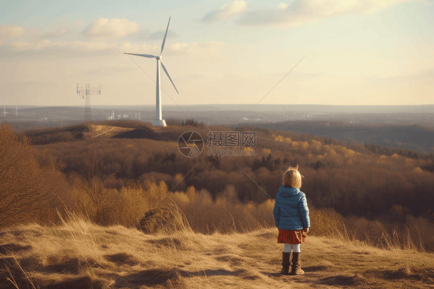 小女孩站在山上看远处的风车背影图片
