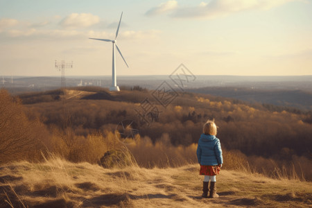 小女孩站在山上看远处的风车背影背景图片