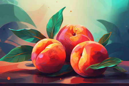 新鲜的带叶子的桃子插画背景图片