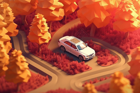 橘色秋天的白色汽车图片