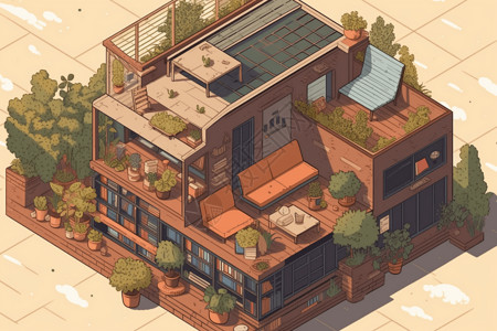 阳台特写屋顶花园的特写插画