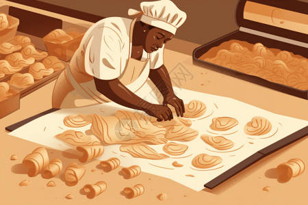 面粉面包擀面杖面包师在制作牛角面包插画