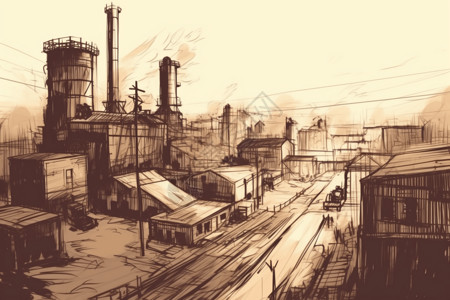 工厂素描素材工业景观素描插画
