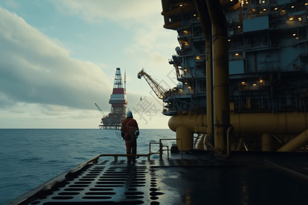 石油工人工人在海上钻机上钻探石油设计图片