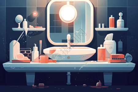 洗手台镜子放满洗漱用品的洗手台插画