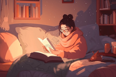 床阅读书架一个人在床上看书插画