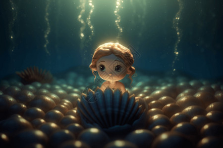 美人鱼在海底的贝壳上背景图片
