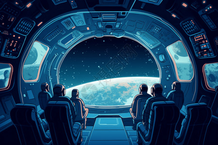 一群宇航员在航天飞机内高清图片