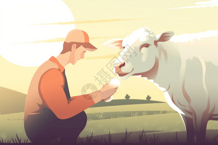 牛饲料农民在农场正在喂养牛插画