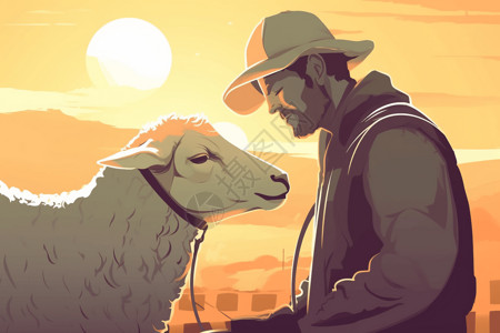 农民与毛驴落日下的牧羊人与羊插画