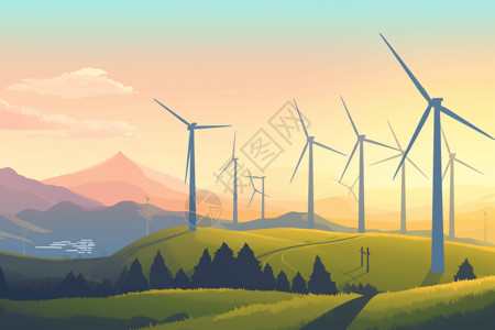 清洁生产新能源风力涡轮机场插画