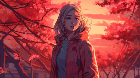 自信年轻年轻的女孩站在樱花树下插画