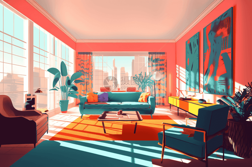 彩色客厅设计插画图片