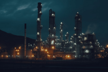 夜晚全景炼油厂的全景设计图片
