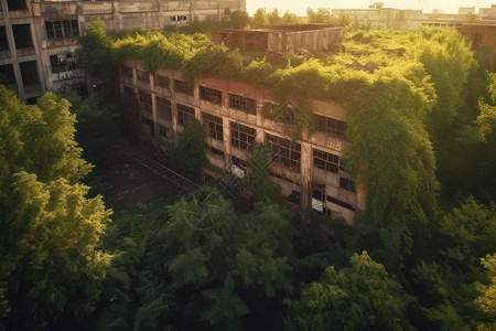 废弃工厂杂草丛生的植物背景