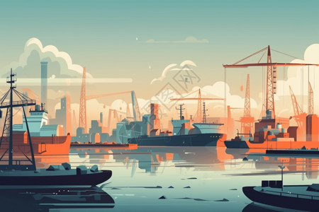 码头货轮工业港口码头插画