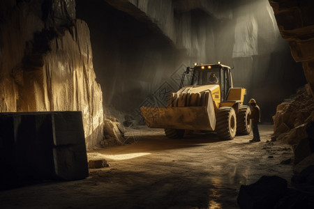 采石场工人在采石场用重型机械开采大块石头高清图片