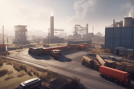工业场景素材拥有工厂起重机和卡车的工业园区插画