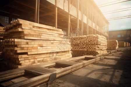 木材工厂里的一整排木头高清图片