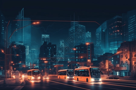 锂电池新能源夜晚城市中自动驾驶的电动大巴插画