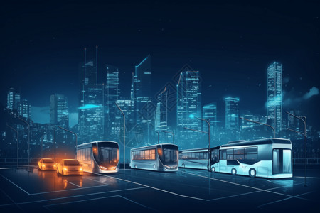 大巴停车未来城市中的自动驾驶汽车插画