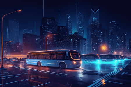 锂电池新能源夜晚城市中的新能源汽车插画