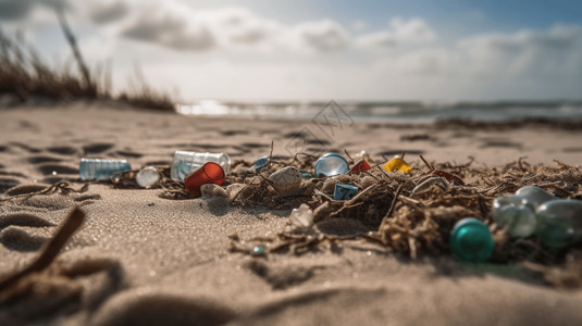 逼真塑料矿泉水瓶海滩上的垃圾背景