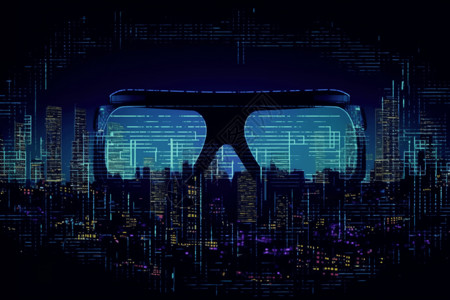 高清粒子素材二进制代码城市上的虚拟现实眼镜插画