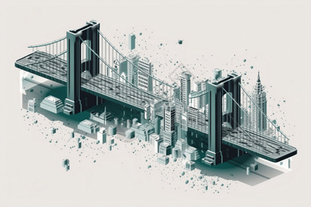 边框数字粒子修饰建筑物之间的桥梁插画